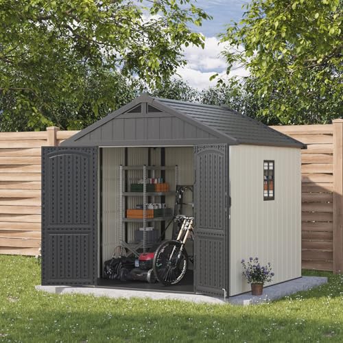 Patiowell 8 x 12 FT Plastic Outdoor Storage Shed with Floor, Resin Shed with Window and Lockable Door for Garden, Backyard, Tool Storage Use, Easy to Install in Beige (Kick-it Shed)
