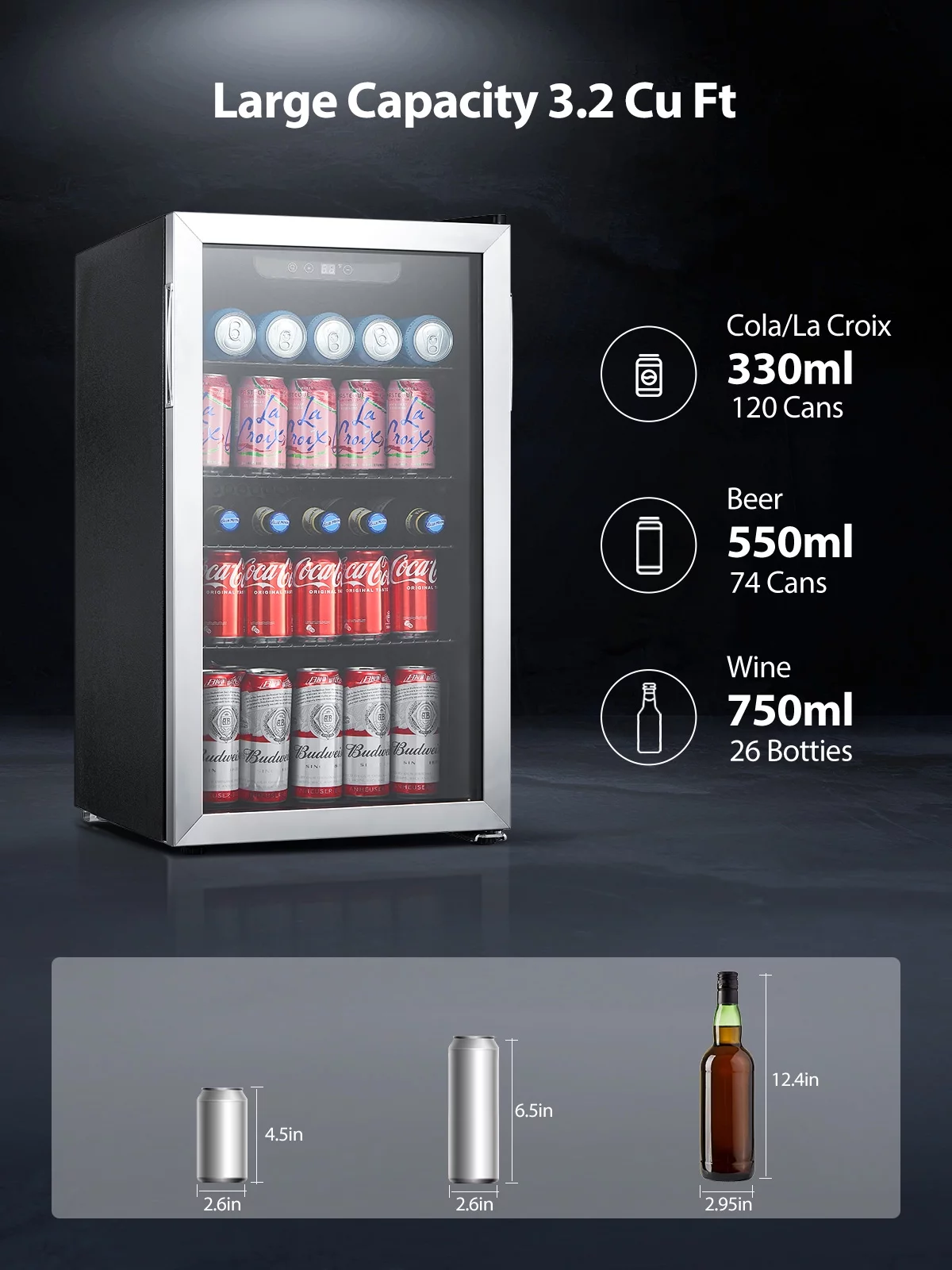 FOHERE 126 Can Beverage Refrigerator Cooler, 3.2 Cu.ft Mini Fridge, Wine Chiller for Bar/Office/Home, New, Reversible Door, 17.5 x 18.9 x 31.5 inches