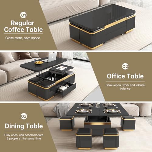 Multifunction Lift Top Coffee Table, Rectangle Folding Table with Storage and 4 Stools for Living Room, 3 in 1 Coffee to Dining Table Convertible, Modern Table That Lifts Up and Down, Black