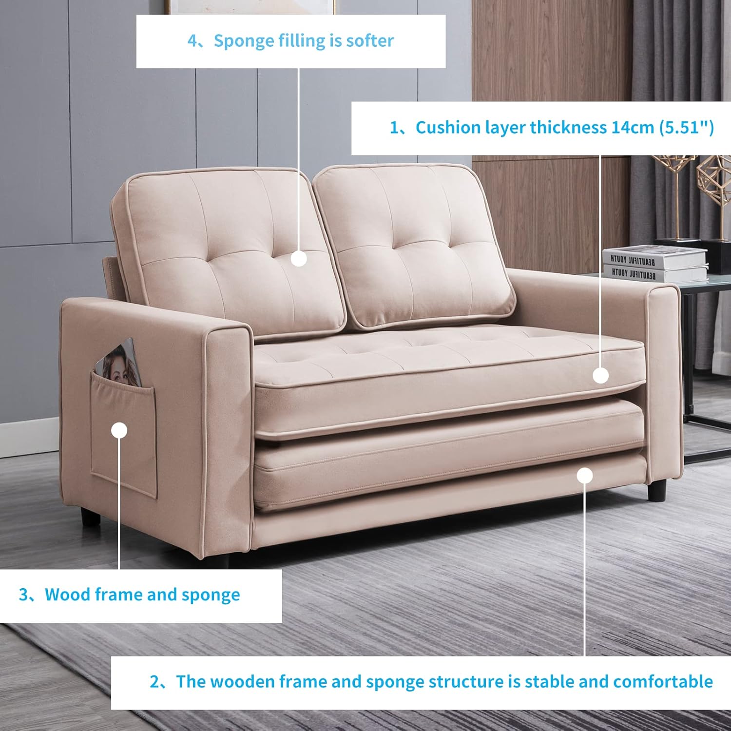 Mjkone 3-in-1 Convertible Pull Out Sofa Bed with Side Pockets, Loveseat Sleeper Sofa Couch for Living Room, Small Apartment (Beige)
