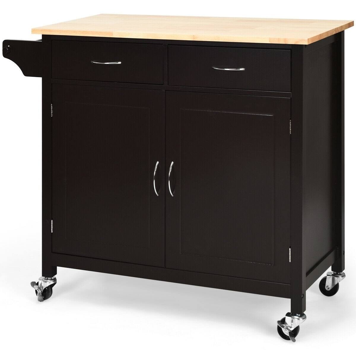 Modern Rolling Kitchen Cart Island with Wooden Top - White
