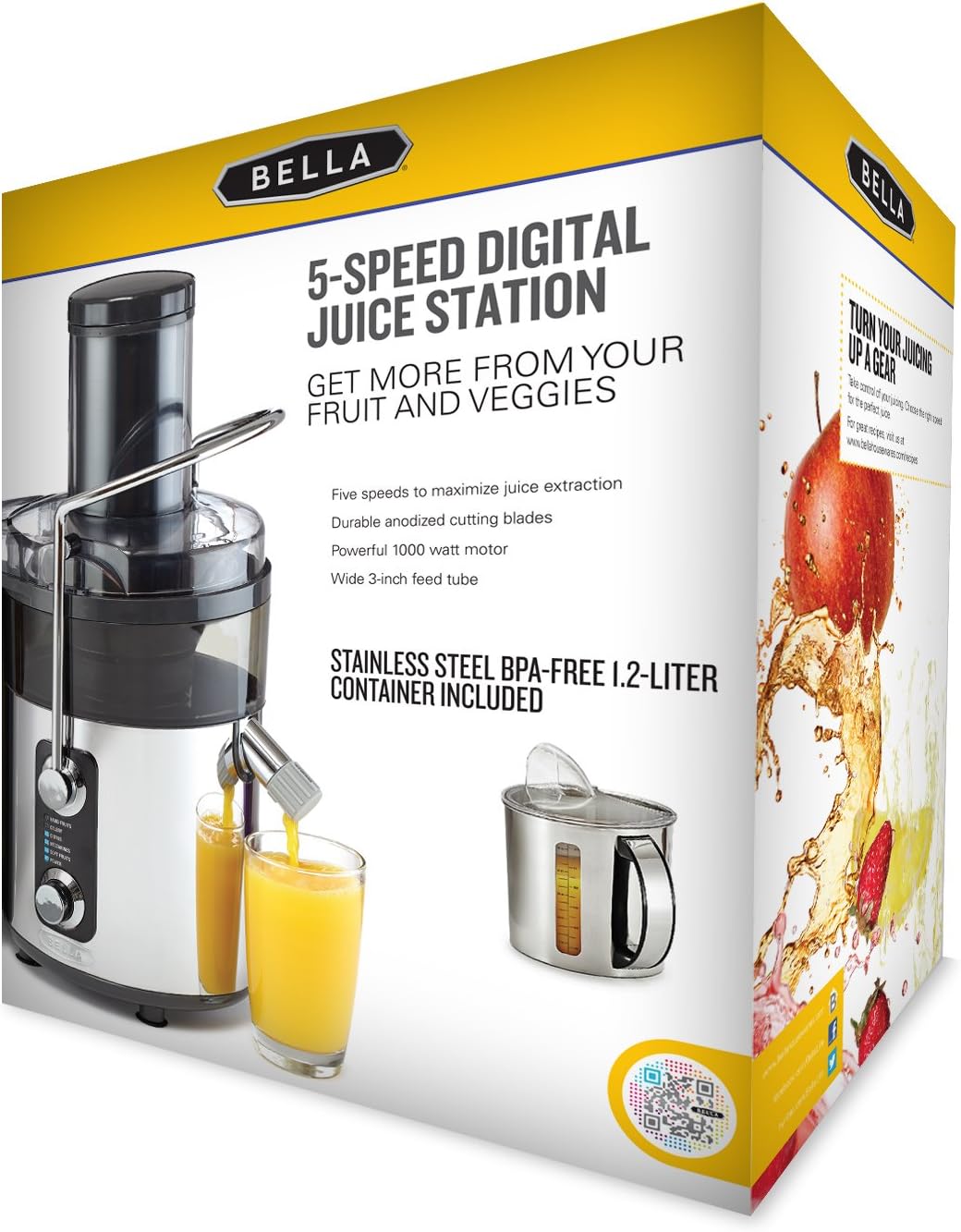 BELLA 5-SPEED Centrifugal Elite Stainless Steel Juicer, 1000 watts