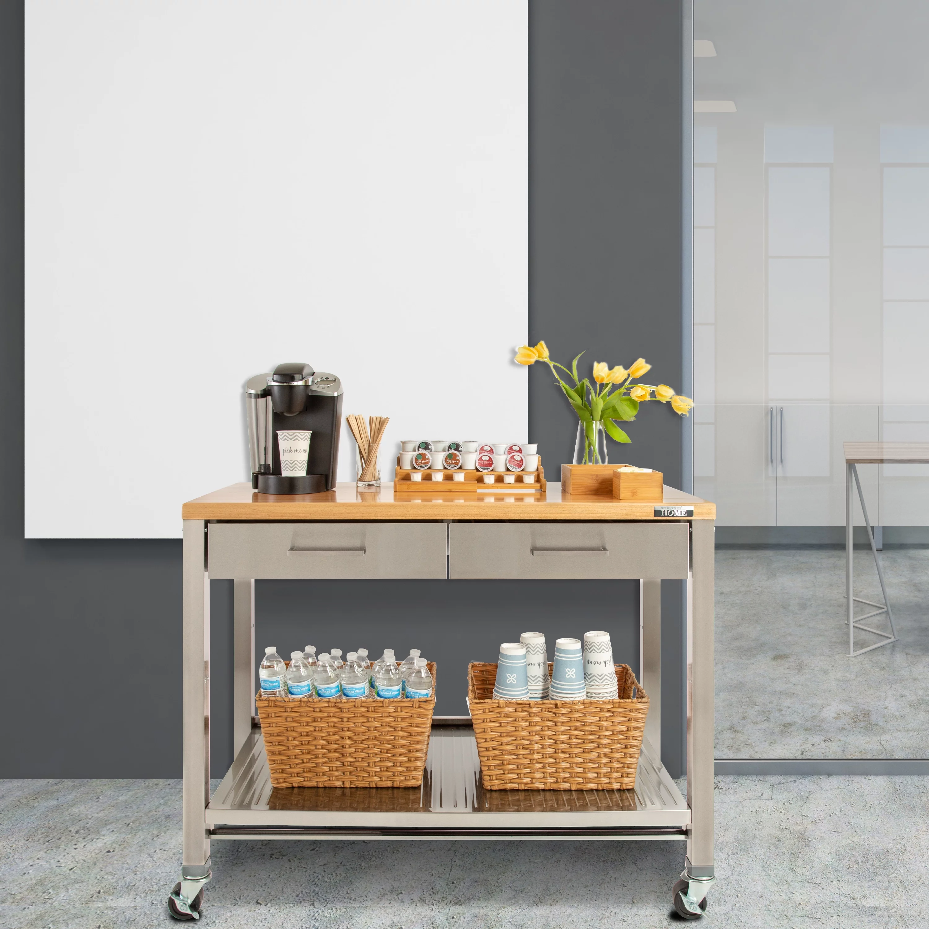 Seville Classics UltraHD Stainless Steel Workcenter Professional Kitchen Island, 2-Drawer, Peg Boards, Steel, Solid Wood Top