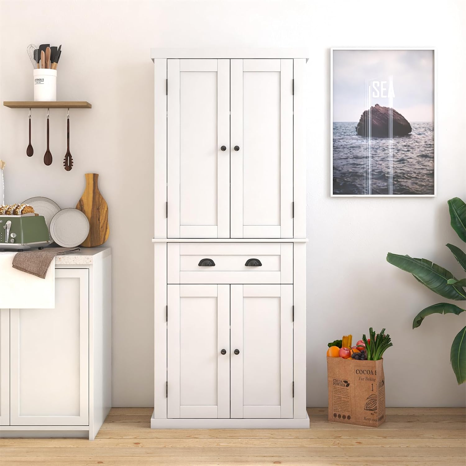 72" Kitchen Pantry Storage Cabinet, Traditional Freestanding Cupboard with 4 Doors and Adjustable Shelves, Large Central Drawer, Dining Room Storage Cabinet, White