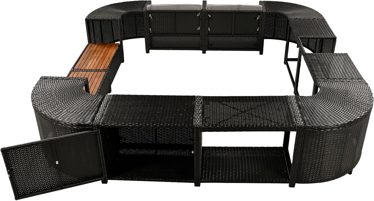 Quadrilateral Outdoor Rattan Sectional Sofa Mini Couch, Patio Conversation Sets with Wooden Seats and Storage Spaces, Spa Surround Frame for Gardern, Poolside, Gray