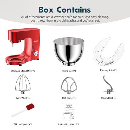 COOKLEE Stand Mixer, 9.5 Qt. 660W Electric Kitchen Mixer with Dishwasher-Safe Dough Hooks, Flat Beaters, Wire Whip & Pouring Shield Attachments for Most Home Cooks, Silver