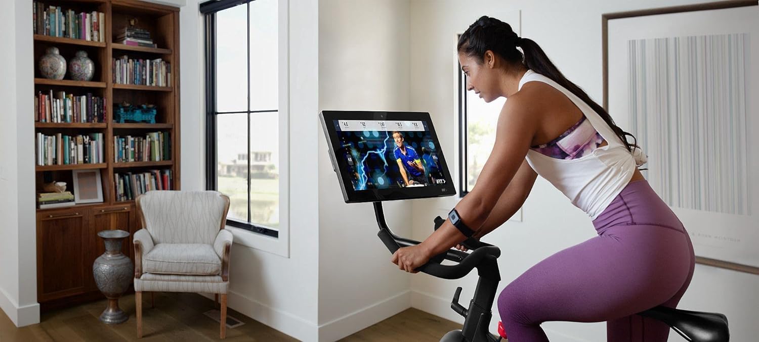 Proform Studio 22 Pro Exercise Bike with 22” HD Touchscreen and 24 resistance levels,Two 3 lb dumbbells for workout, 30 Day iFIT Membership - Black