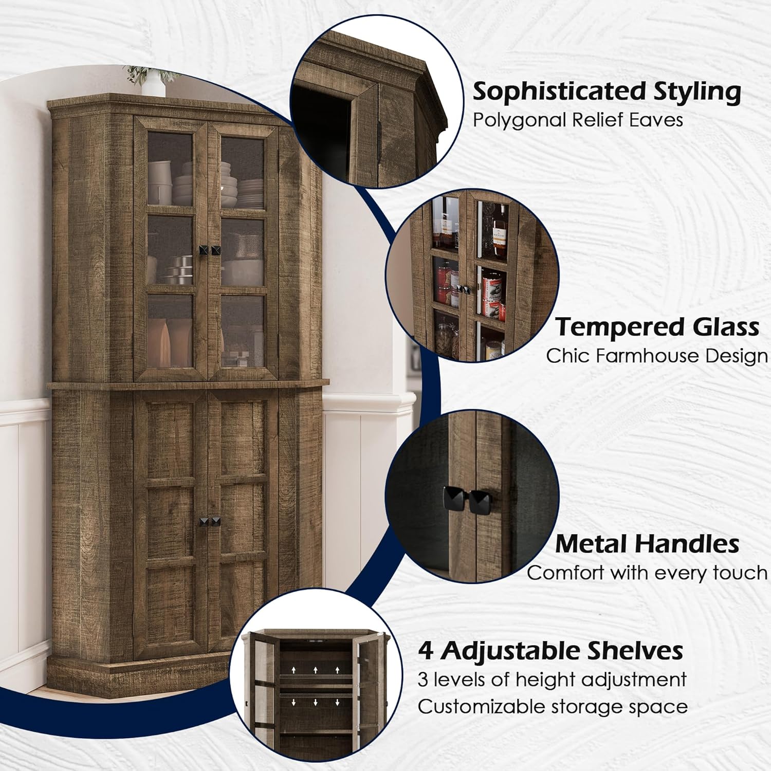 Corner Storage Cabinet, 67" Kitchen Corner Pantry Cabinet with Glass Doors, Farmhouse Tall Corner Curio Display Cabinet with Adjustable Shelves for Dining Room, Living Room, Rustic Brown