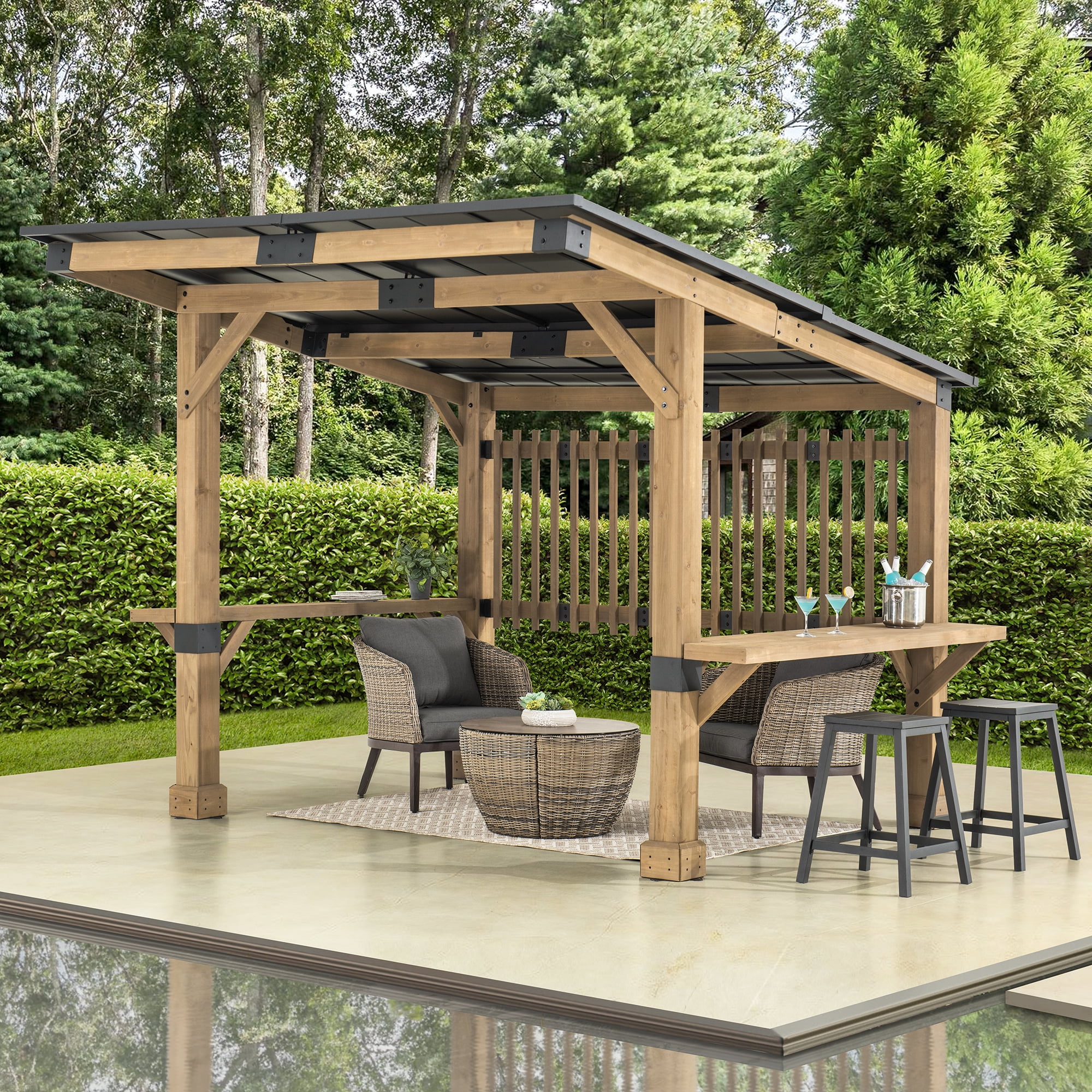 Sunjoy Wooden Grill Gazebo 10 ft. x 11 ft. Outdoor Cedar Frame BBQ Gazebo, Backyard Hot Tub Gazebo with Aluminum Hardtop Roof, Privacy Screen and Solid Bar Shelves
