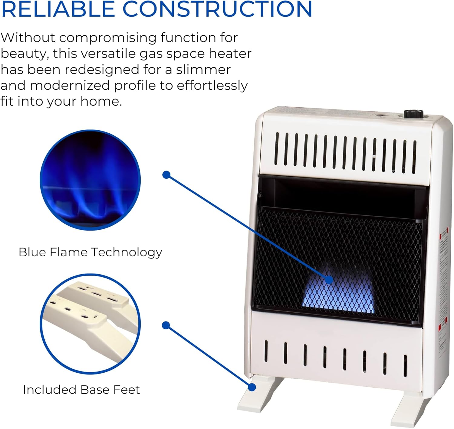 ProCom MN100TBA-B Ventless Natural Gas Blue Flame Space Heater with Thermostat Control for Home and Office Use, 10000 BTU, Heats Up to 500 Sq. Ft., Includes Wall Mount and Base Feet, White