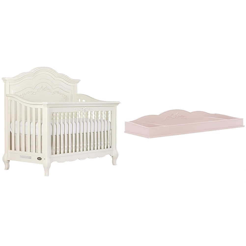 Evolur Aurora 5-in-1 Convertible Crib and Change Tray Set for Nursery Furniture Collection, Features Intricate Ribbon Bow Scrollwork