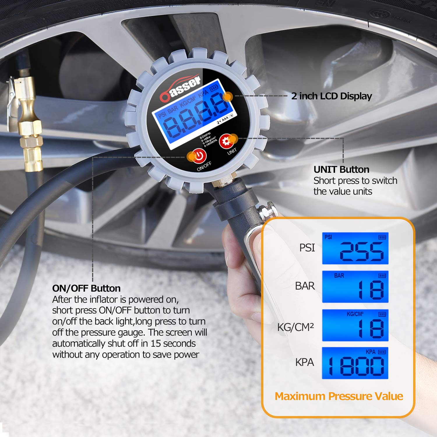 Oasser Tire Inflator with Gauge Tire Pressure Gauge Inflator 255PSI Air Compressor Accessories with Brass Air Chuck Dual Head Air Chuck 1/4" NPT Digital Backlit LCD P5