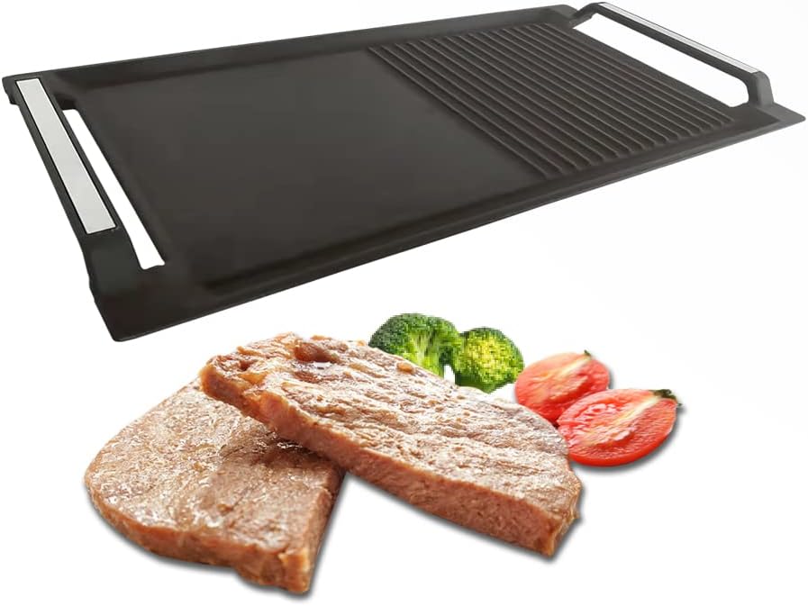 Griddle Pan, Cast Iron Grill Hot Plate, Rectangular Grill, 2 handles with Flat and Ridged Surface for Induction Electric Cooktop，16.7 x 9.1inch