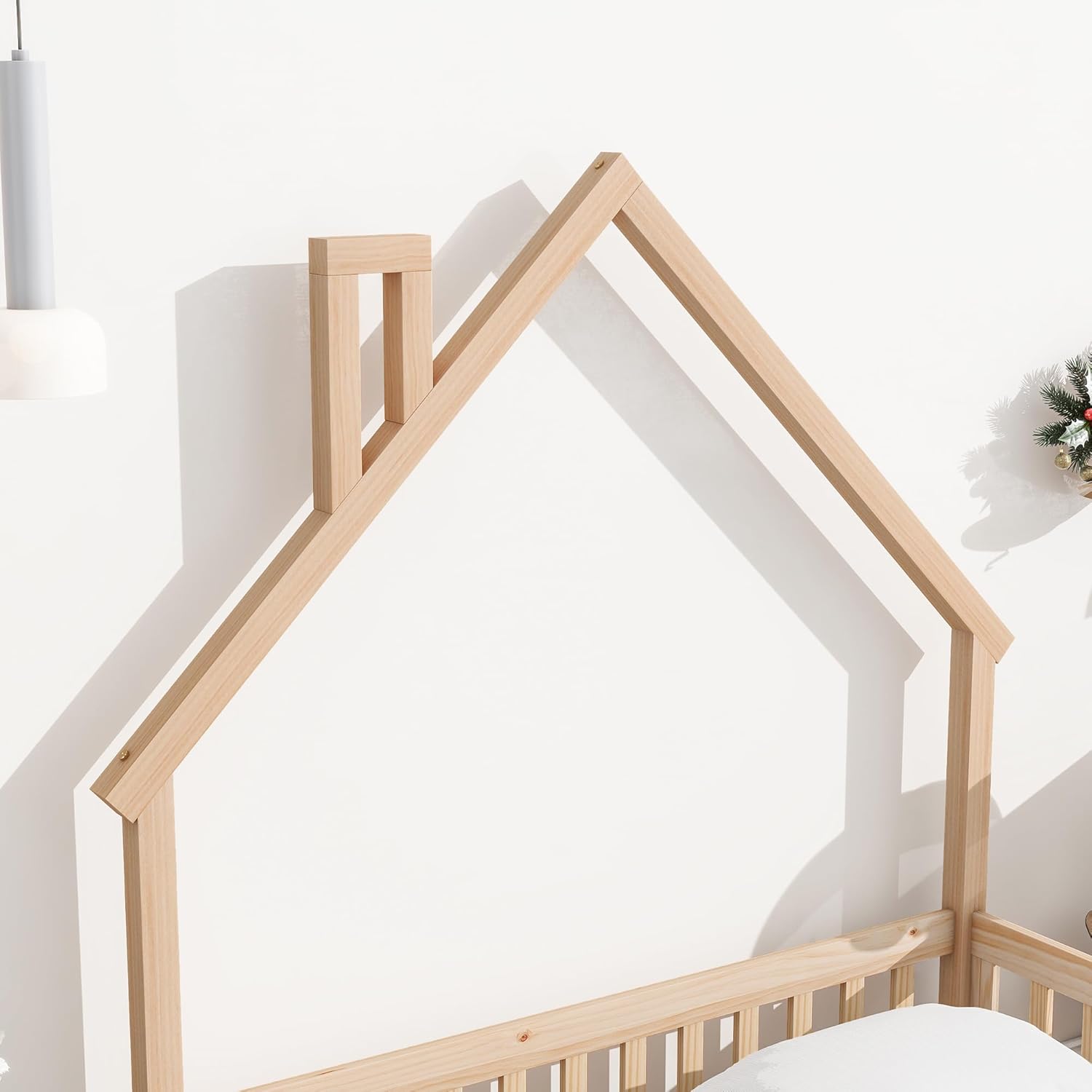 Full Size Floor Bed Frame with Fence & Door, Montessori Floor Bed with House-Shaped Headboard, Toddler Floor Bed for Kids Boys Girls, Easy Assembly, Natural