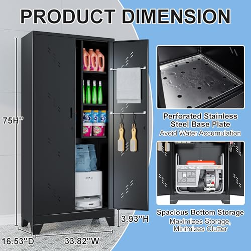 Metal Storage Cabinet with Lockable Doors, 75" Steel Storage Locker Tool Cabinet with Hanging Rod & S-Hooks, Tall Garage Cabinets, Black, 75" H x 33.85" W x 16.53" D