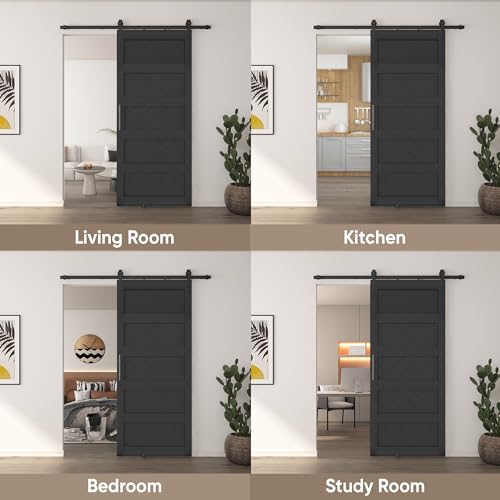 JUBEST 36" x 84" Barn Door, Slding Barn Door Kit Wave Shape Barn Door Panel with Hardware Kit Include, Easy Installation, Solid Wood, MDF & PVC Covered, Black