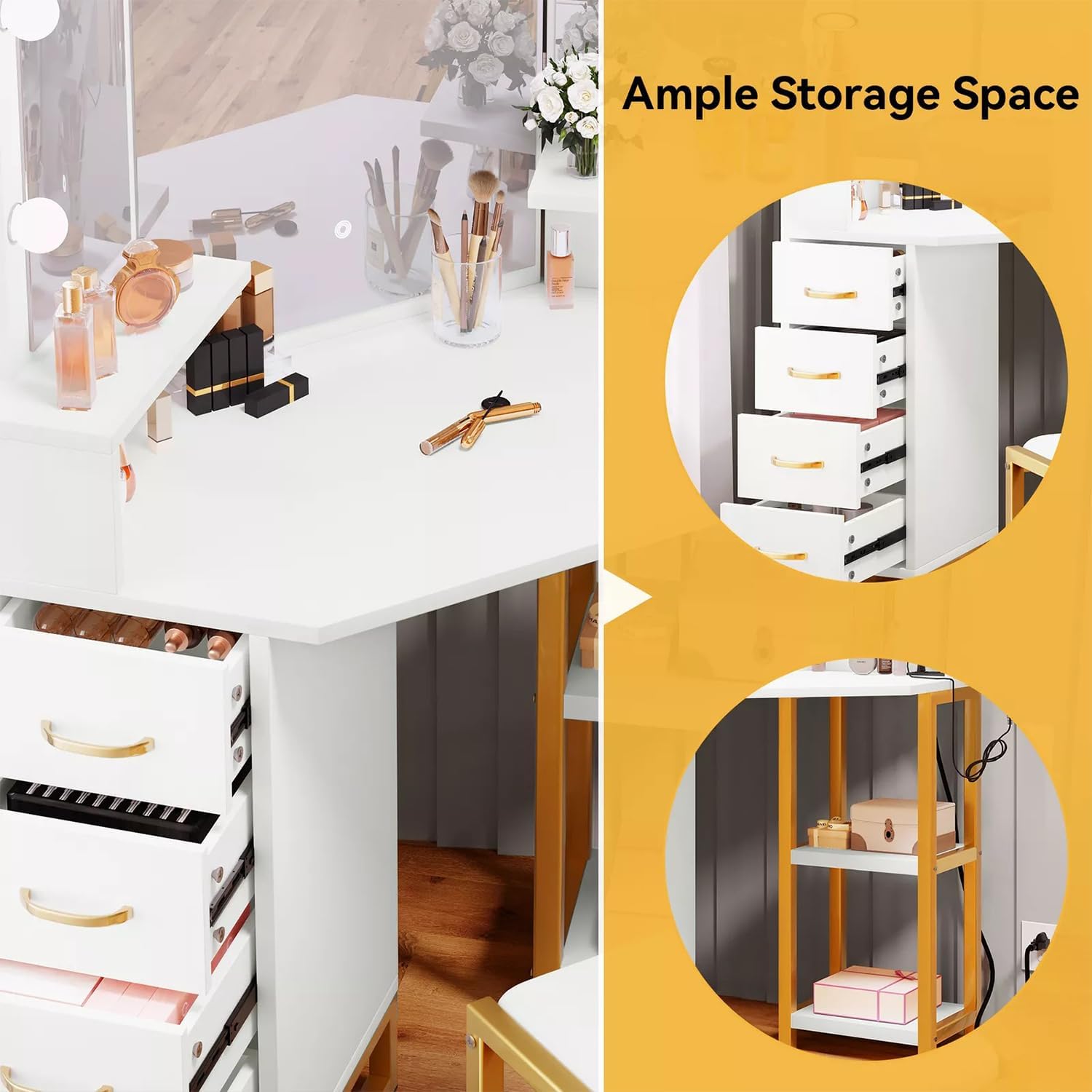 White 41.7 inches Vanity Table Set with 10 LED Lighted Mirror Makeup Dressing Dresser Desk and Stool Power Station 4 Drawers Storage Drawer Shelf Shelves Bedroom Metal Wood Modern New