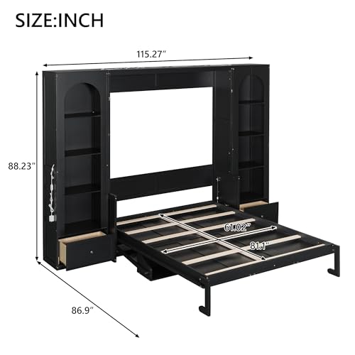 Ball & Cast Queen Size Murphy Bed with Desk,Hidden Wall Bed with 2 Sides Storage Cabinets,Shelf & Led,Murphy Cabinet Bed Frame for Bedroom,Guest Room,Space Saving,Black