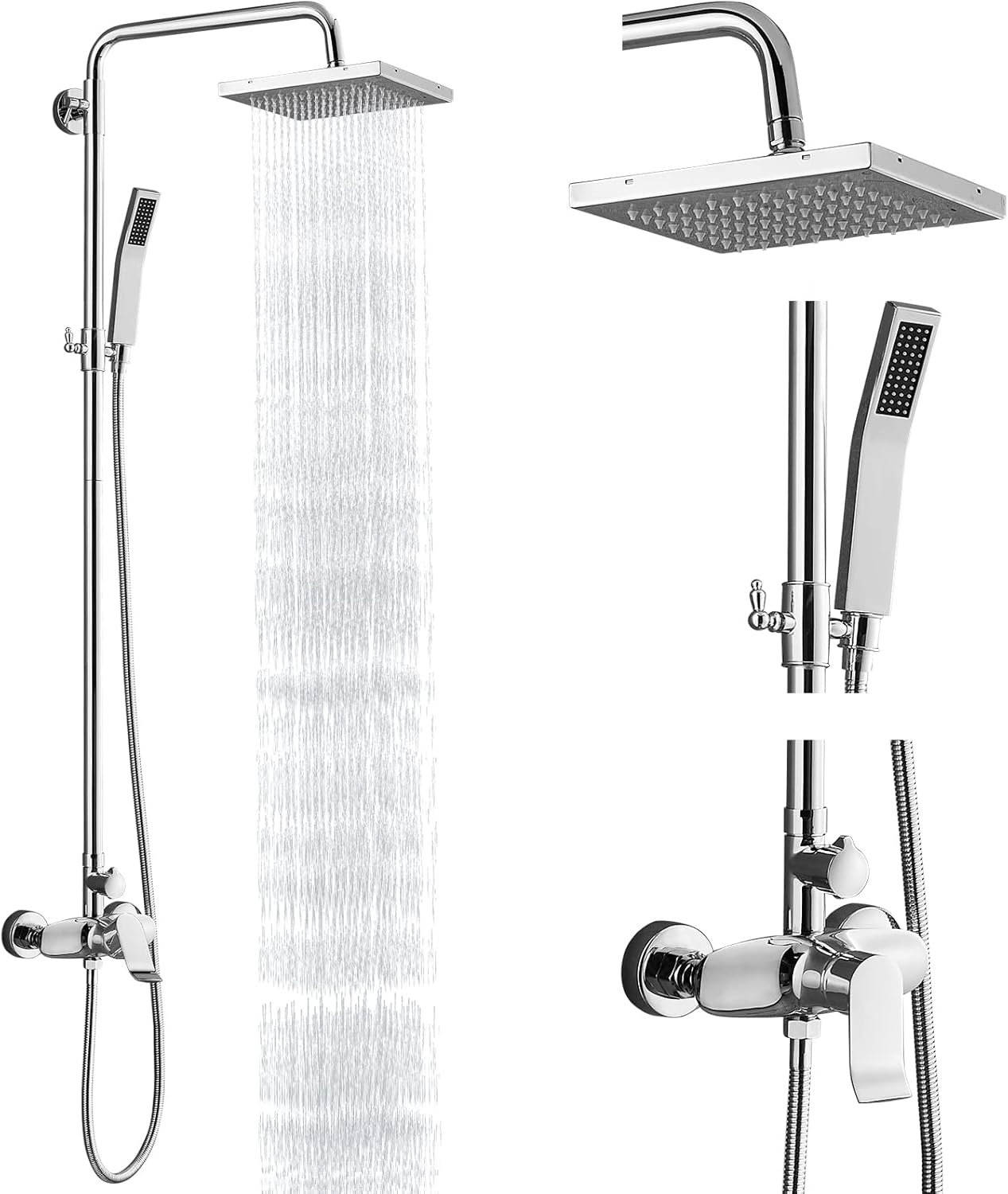 Heyalan Exposed Shower System Brushed Nickel 3 Functional Adjustable Complete Set Tub 8 Inch Square Rainfall Shower Head with Square Hand-held