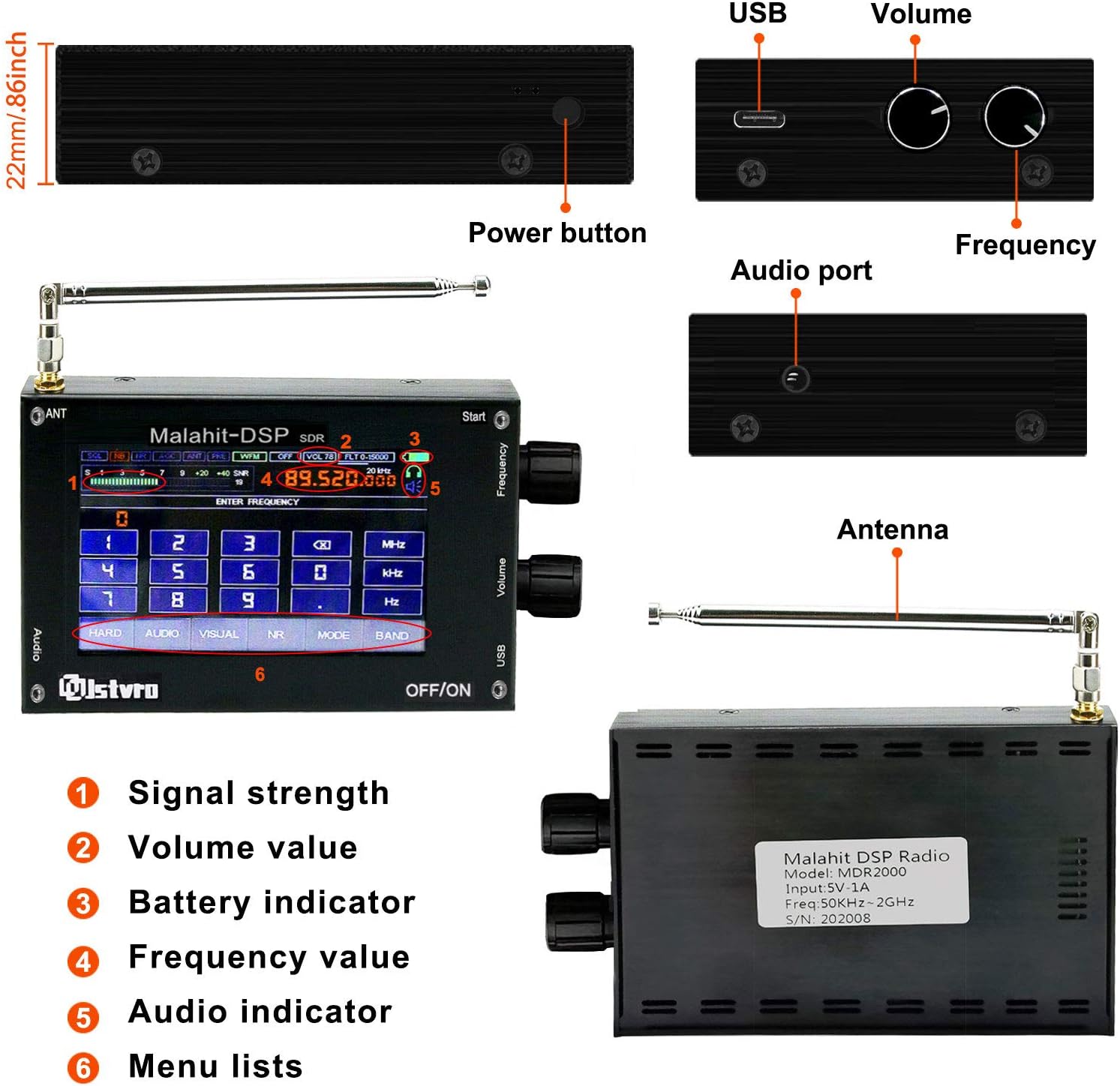 New 1.10b 3.5" 50KHz-2000MHz Malahit DSP SDR Receiver,Malachite DSP SDR Receiver,Malahit SDR Shortwave Radio Receiver, Aluminum Alloy
