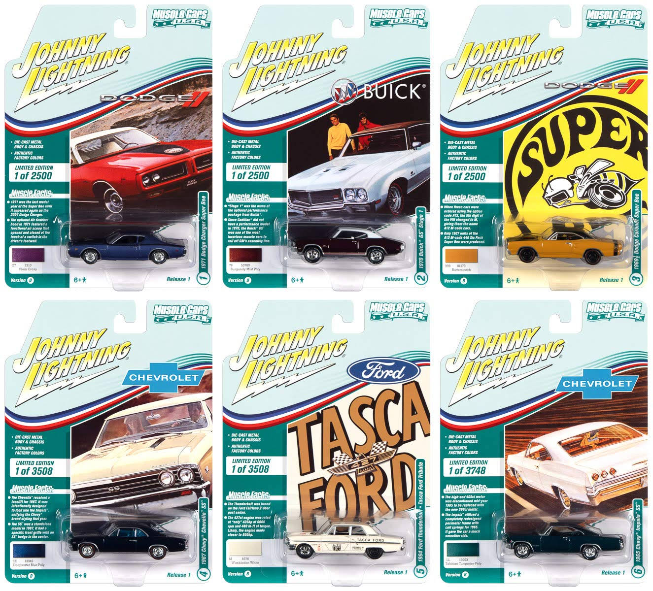 Muscle Cars USA 2021 Set B of 6 Cars Release 1 1/64 Diecast Model Cars by Johnny Lightning JLMC025 B