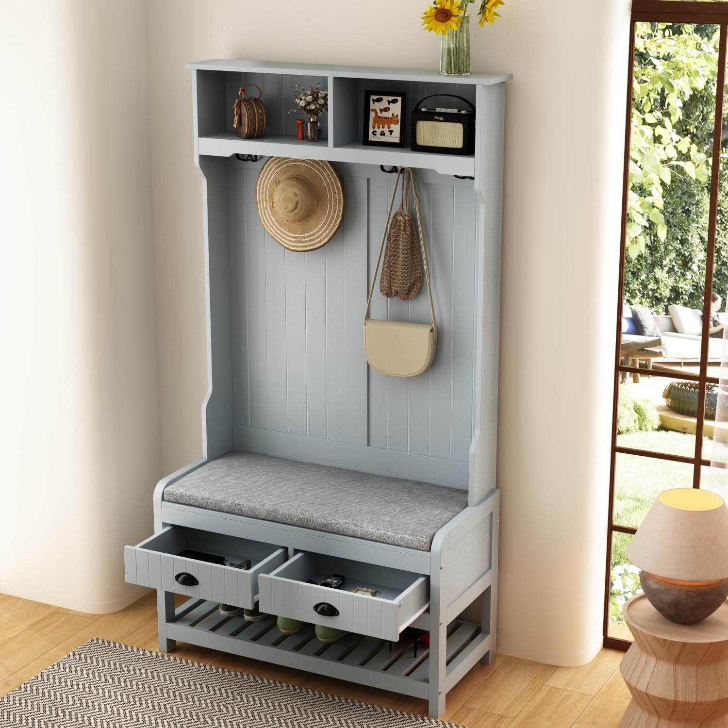 Hall Tree with Bench and Shoe Storage, Multi-Purpose Entryway Bench with Coat Rack, Padded Seat Cushion, 4 Double Hooks, Open Shelves and 2 Drawers, Grey