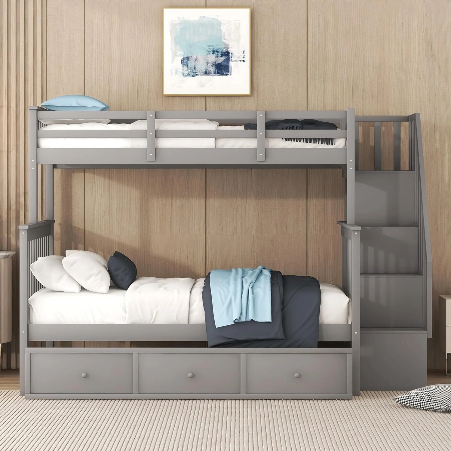 Over Full Bunk Bed With Stairs And Storage Drawers, Hardwood Stairway Bunk Bed Frame For Kids Teens Adults, Bedroom, Dorm - Gray