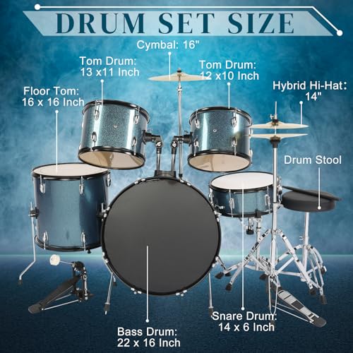 Ktaxon 22 Inch Adult Drum Set, 5-Piece Full-Size Drums Kit with Cymbal Stands, Hi-hat Stand, Sticks, Drum Pedal, Stool & Floor Tom for Beginner Teens Student (Blue)