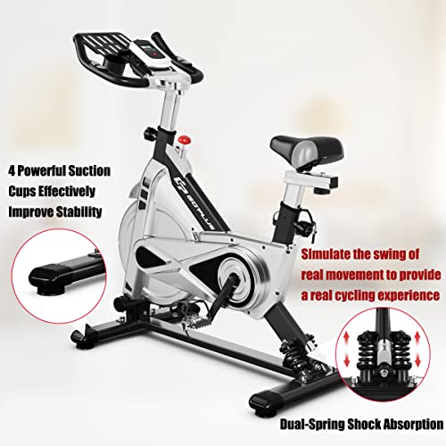 Goplus Adjustable Exercise Bike, Stationary Silent Bicycle with Dual-Spring Shock Absorption Design, Real-time Heart Rate, Cup/Phone Holder and Electronic Display, Indoor Cycling Bike