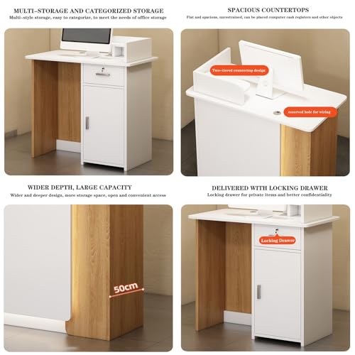 Reception Desk, Front Desk Reception Counter with Led Lights and Lockable Drawer, L-shap Checkout Counter, Portable Podium Stand, for Office, Beauty Salon, Lobby