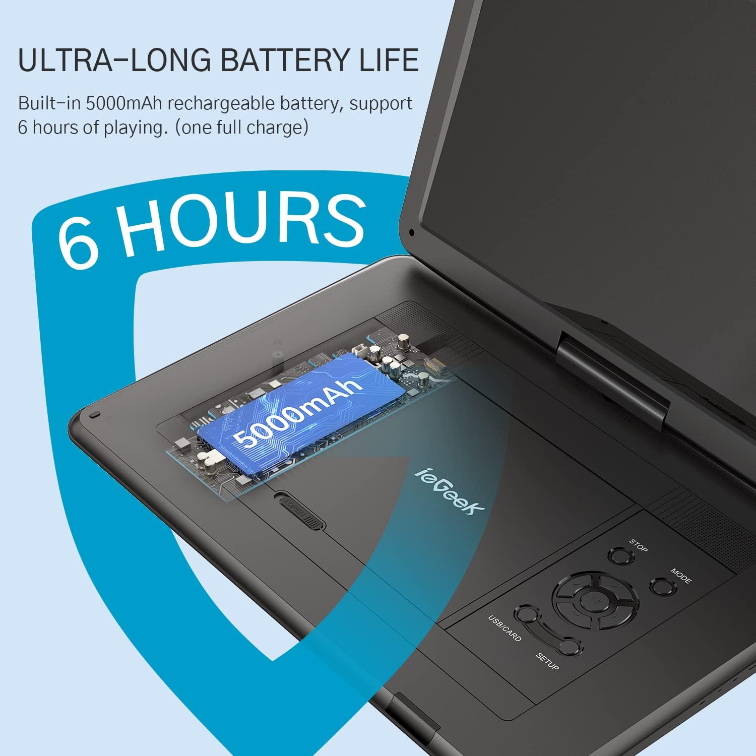 ieGeek 17.5" Portable DVD Player with 15.6" Swivel HD Large Screen, 6 Hrs 5000mAH Rechargeable Battery, High Volume Speaker, Support USB/SD Card/Sync TV, Car Charger, Remote Control, Region-Free