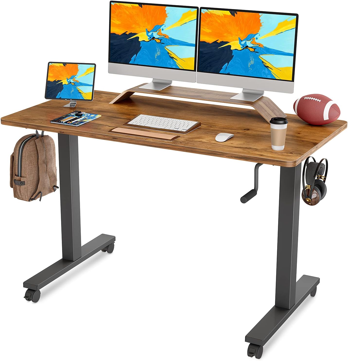 FAMISKY Crank Adjustable Height Standing Desk, 48 x 24 Inches Manual Stand up Desk, Sit Stand Workstation for Home Office with Handle and Splice Board, Black Frame/Greige Top