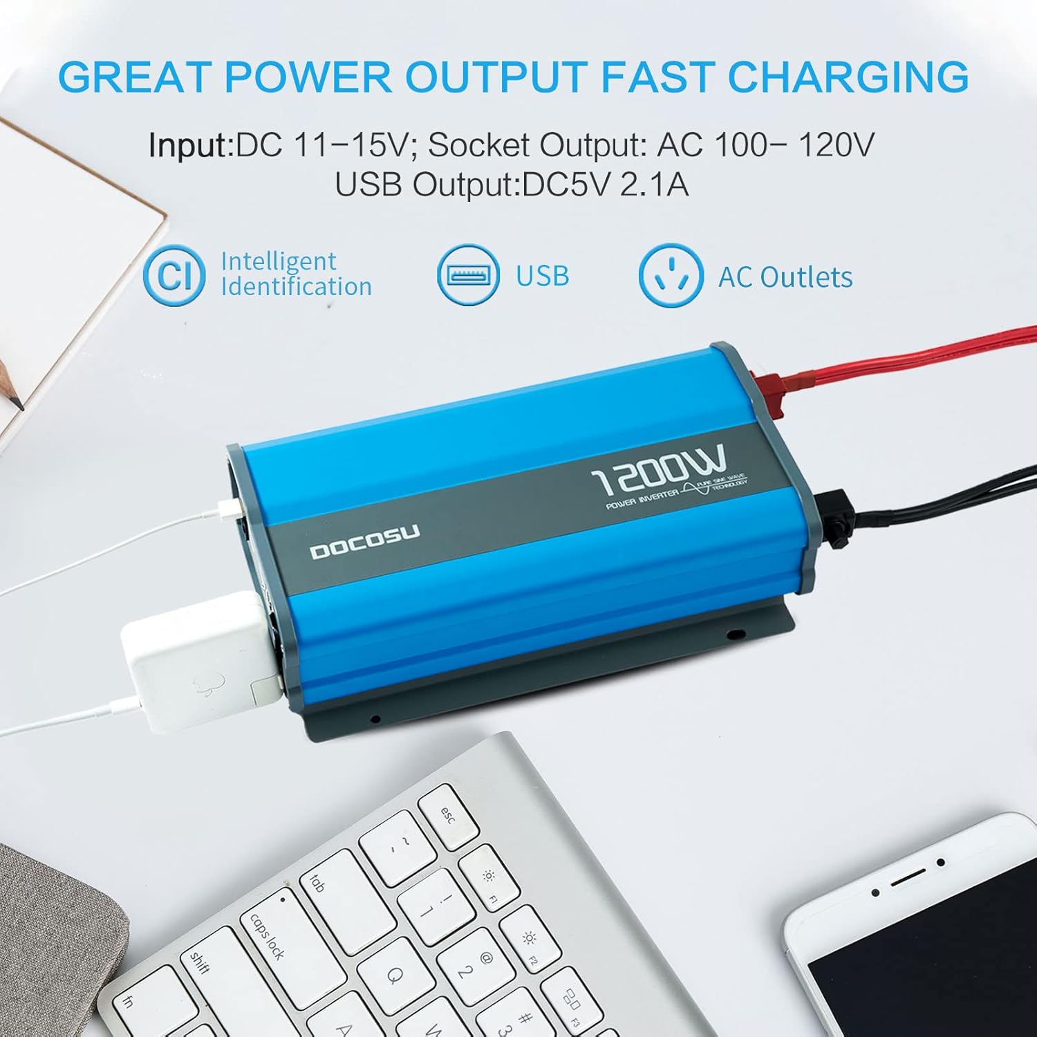 DOCOSU 1200W Power Inverter Pure Sine Wave 1200Watt Power Converter DC 12V to AC 110V Inverter Charger with LED Display 2.4A USB Port AC Outlet for Car Emergency RV Boat Vehicle Marine Auto