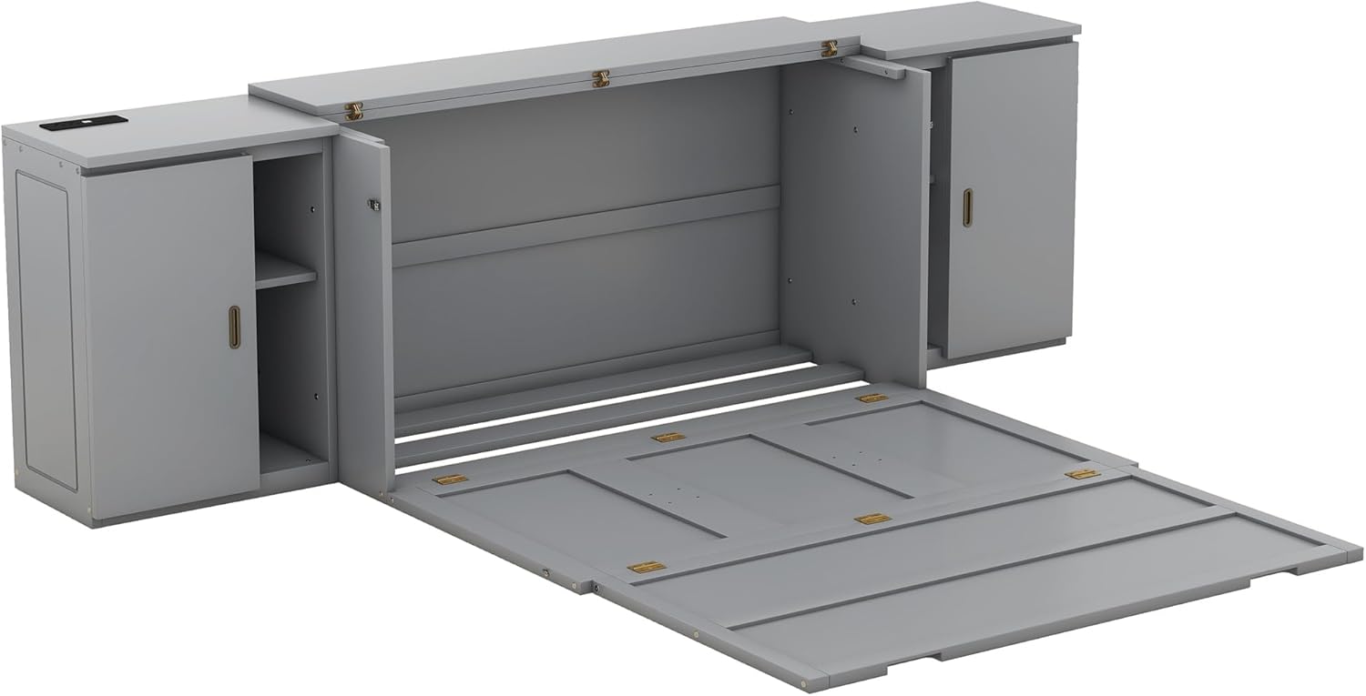 Murphy Bed Queen Size with Shelves and Cabinets,Murphy Wall Bed Queen with USB Ports,Queen Murphy Bed Cabinet for Kids,Boys,Girls,Adults,Bedrooms, Children's Rooms, Space Saving,Gray
