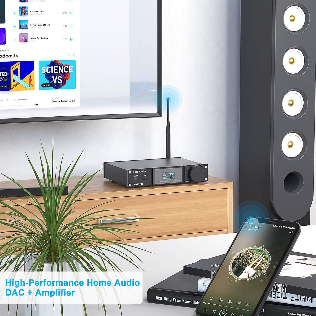 Fosi Audio DA2120C Bluetooth 5.0 Amplifier 240W Stereo Hi-Fi 2.1 Channel Stream aptX 24Bit 192kHz Class D Compact Mini Power Amp Integrated USB DAC Coaxial Optical Support Subwoofer Remote