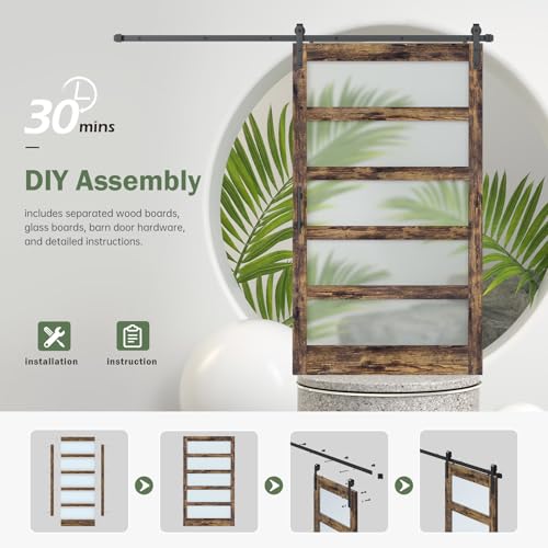 36x84 Inch Glass Sliding Barn Door Slab and 6.6ft Hardware Kit Included, 5 Frosted Glass, LVL Wood Panel Covered with White Water-Proof Scratch-Proof PVC Surface, Simple DIY Assembly