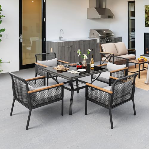YITAHOME Patio Dining Chairs Set of 4, Outdoor Wicker Furniture Dining Chairs, All-Weather Rattan Conversation Chairs with Wood Armrest and Soft Cushions for Backyard Deck (Black+Light Gray)