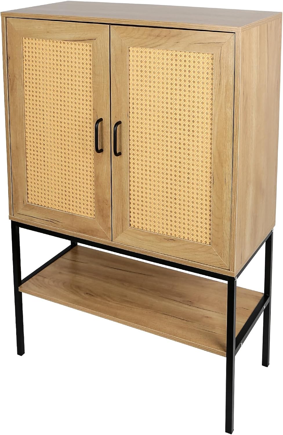 Elegant Cabinet with 2 Rattan Doors Bedroom Living Room Kitchen Cupboard Wooden Furniture with Bottom Shelf Easy Assembly Natural Color