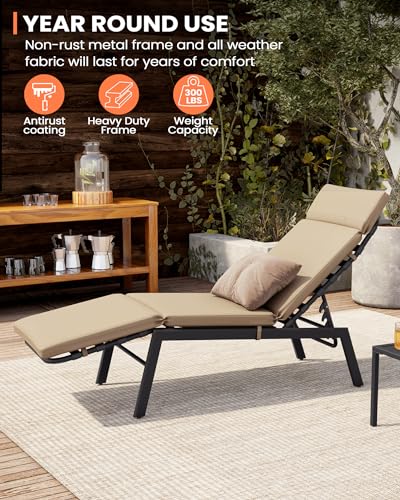 Pellebant Outdoor Chaise Lounge Chairs with Cushions Set of 2, Pool Lounge Chairs with Adjustable Positions, Patio Recliners for Garden, Deck, Yard, Beige