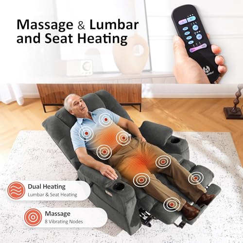 MCombo Large Triple Motor Power Lift Recliner Chair with Massage and Dual Heating, Adjustable Headrest for Tall Elderly People, Fabric 7634 (Grey, Large)