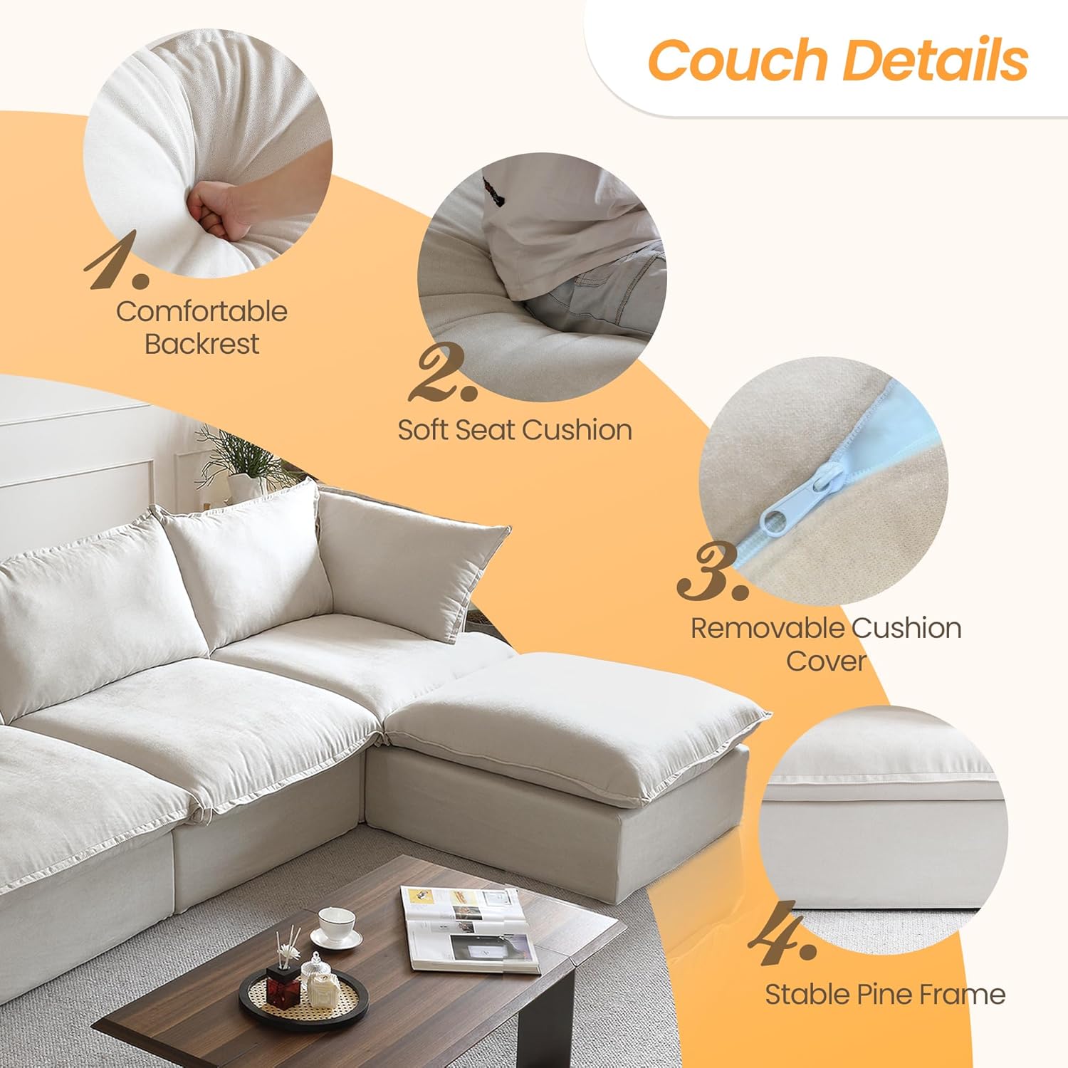 JACH U Shape Couch Sectional for Living Room, Convertible Sectional Sofa, Modern Deep Seat Cloud Couch, Modular Sectional Couch with Ottomans for Living Room, Office, Apartment (6-Seat, Beige)