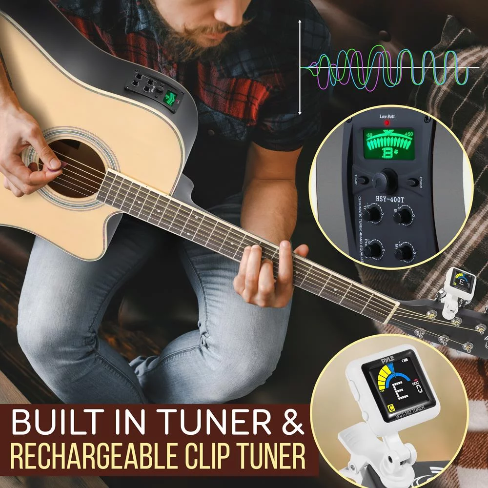 Pyle Acoustic Electric Cutaway Guitar 4/4 Scale 41” Steel String Spruce Wood Onboard Tuner, Picks, Shoulder Strap for Beginners and Students