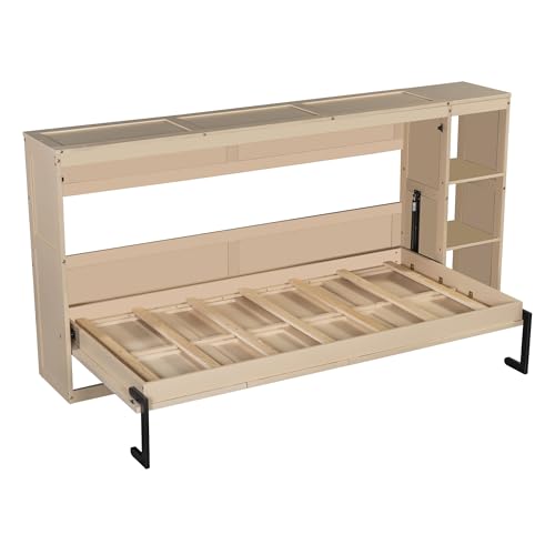 Wooden Murphy Cabinet Bed Frame with Charging Station, Full-Size Foldable Wall Bed with Large Storage Drawer for Home Apartment Limited Living Places, Space-Saving Hidden Bed No Box Spring Needed