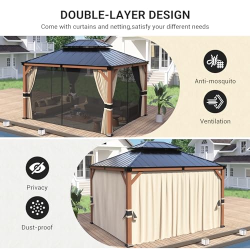 Hardtop Gazebo 10x12, Wooden Finish Outdoor Gazebo with Galvanized Steel Double Roof, Aluminum Frame Pergola for Patio Lawn, Backyard, Deck, Curtains and Netting Included, Grey