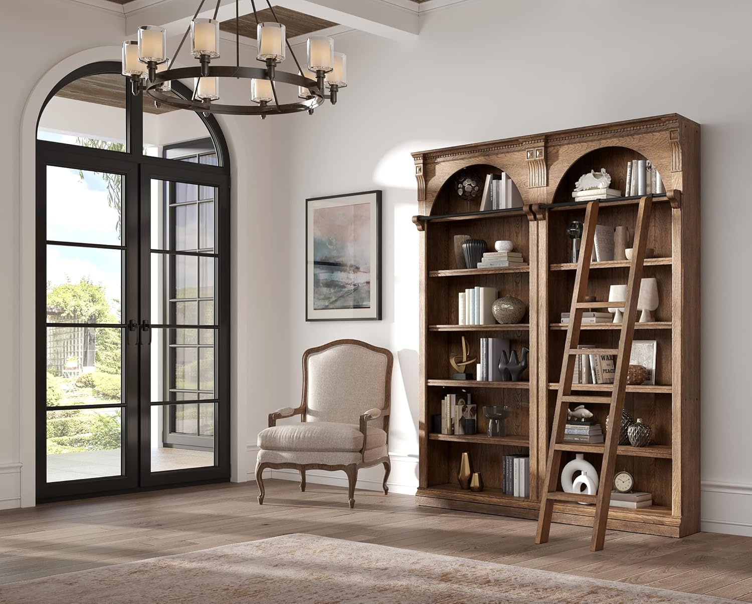 Martin Furniture Traditional 8' Tall Bookcase Wall with Ladder, Storage Organizer, Display Shelf Unit for Office, Living Room, Brown