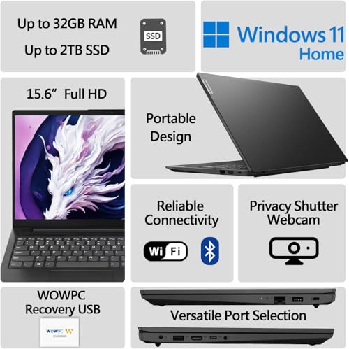 Lenovo V15 Laptop Computer, 32GB RAM, 1TB PCIe SSD, Intel Celeron N4500 Processor, Intel UHD Graphics, 15.6 FHD 1080p Display, Ethernet Port RJ-45, WiFi 6, Windows 11 Pro, WOWPC Recovery USB