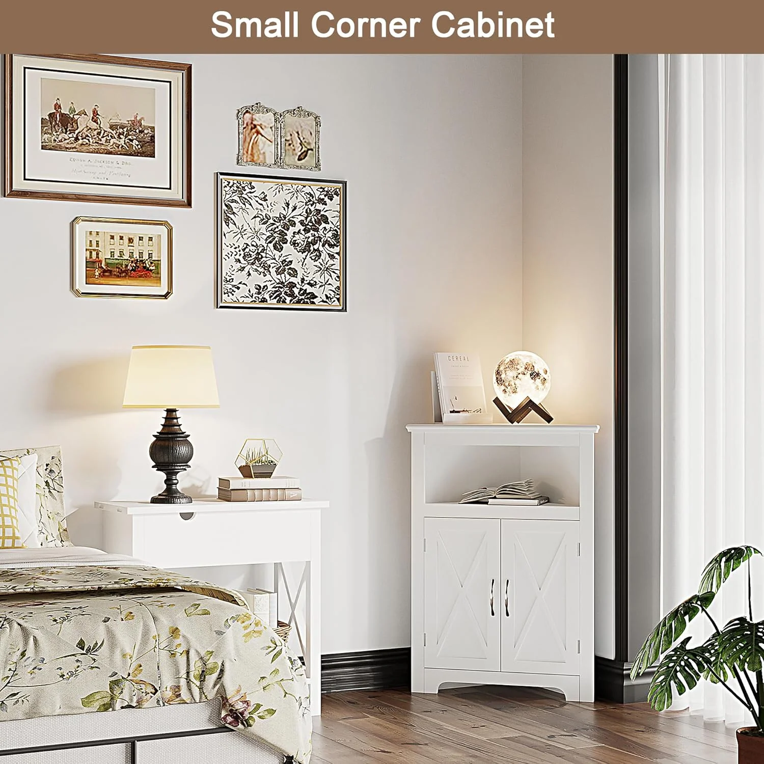 QCAI Corner Storage Cabinet, Small Corner Cabinet with Barn Door Design and Adjustable Shelf, Home Space Saver for Living Room, Bathroom, Kitchen, Bedroom, White