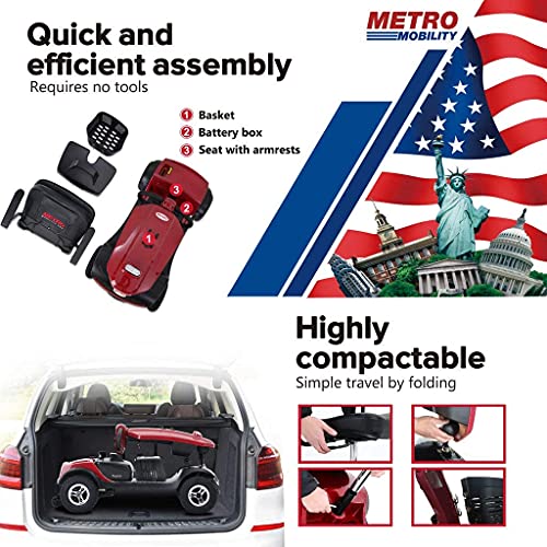 Outdoor Compact Mobility Scooter for Seniors, Foldable Electric Powered Mobile Wheelchair with Powerful USB Port & Two Cup Holder 300 LBS Max Weight, Collapsible & Compact for Travel with Family, Red