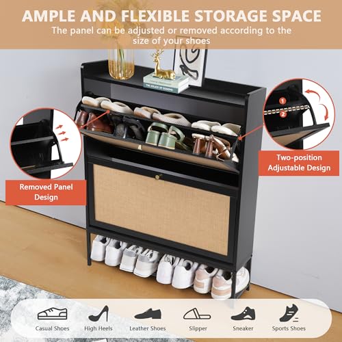 LEVNARY Shoe Cabinet Set of 2, Wooden Narrow Shoe Racks Cabinet Storage with 2 Flip Drawers, Hidden Freestanding Shoe Organizer for Hallway, Entryway, Home (2, Walnut)