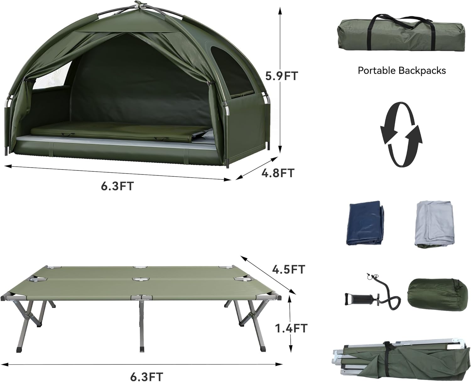 YITAHOME 2 Person Foldable Camping Cot, 6-in-1 Elevated Camping Bed Tent, with Tents, Camping Beds, Air Mattresses, Bedspreads, Foot Pumps, Portable Backpacks, 1 Person Sleeping Bag for Hiking, Picnic